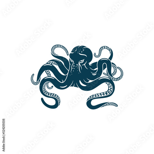 Marine animal Octopus isolated eight-limb mollusk monochrome icon. Vector underwater soft-bodied creature, nautical mascot. Fishing sport trophy , seafood octopus with tentacles and suckers