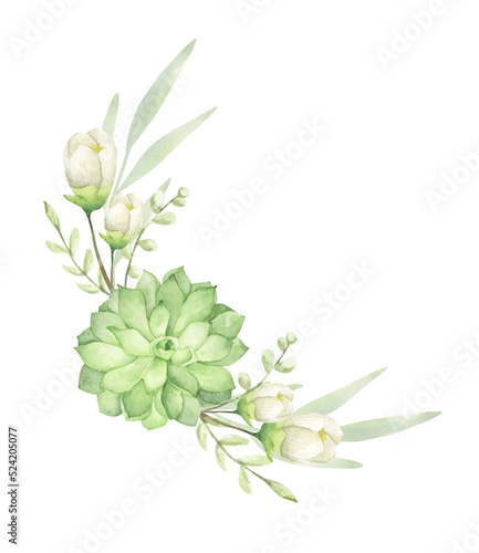 Floral bunches. Succulent bouquets. Watercolor illustration. Romantic floral hand drawn illustration.