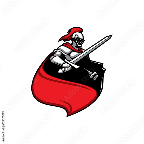 Italian noble knight, hero in mask fighting at battle isolated Templar knight mascot. Vector warrior with breastplate, metal suit and red cloak, holding sword and shield, helmet with red feathers