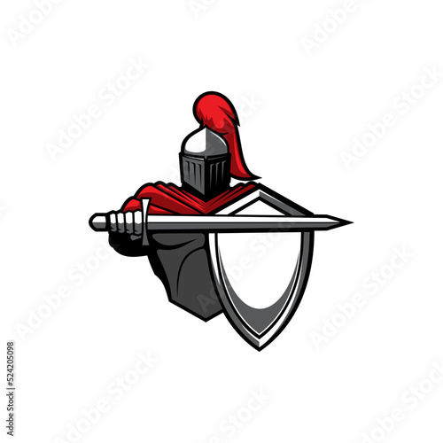 Medieval armour isolated Templar knight, shield sword, helmet with cape. Vector warrior in protective costume, helmet with red feathers and cloak. Italian noble knight, hero in mask fighting at battle