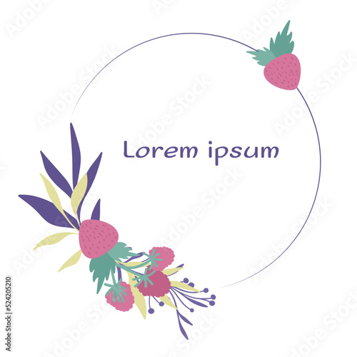 Circle frame with one strawberry and a strawberry wreath. Vector illustration.