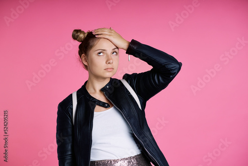 Carta da parati Tired female caucasian teenager with hand on head