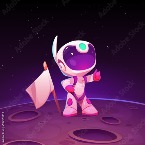 Astronaut on Moon, space explore, colonization mission concept. Cute cartoon cosmonaut on alien planet surface with craters and flag. Interstellar travel, pioneer in far galaxy, Vector illustration