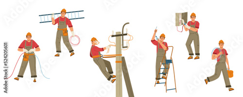 Electrician worker with tools, ladder and wires isolated on white background. Maintenance and repair service technician, engineer of electricity in helmet, vector cartoon illustration