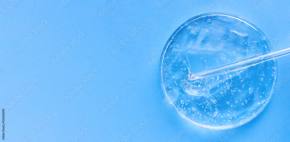 banner serum gel closeup in petri dish on a blue background with place for text
banner serum gel closeup in petri dish on a blue background with place for text
