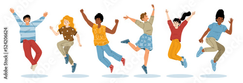 Happy people jump. Diverse persons joy, have fun, jump and dance isolated on white background. Group of excited characters, friends or students in different poses, vector cartoon illustration