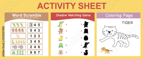 Activity sheet for children. Coloring, shadow matching and word scramble worksheet. Educational printable sheet for children. Vector illustration.
