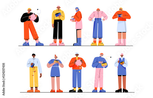 Characters bankrupts, lack of money, financial crisis. Young people with empty pockets, purses and piggy bank. budget problems collapse, credit, mortgage burden Line art flat vector illustration