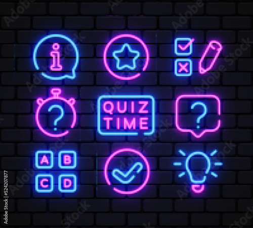 Quiz neon icons set. Quiz Time neon signs design template. Bright signboard, light banner, Isolated icon. Vector Illustration