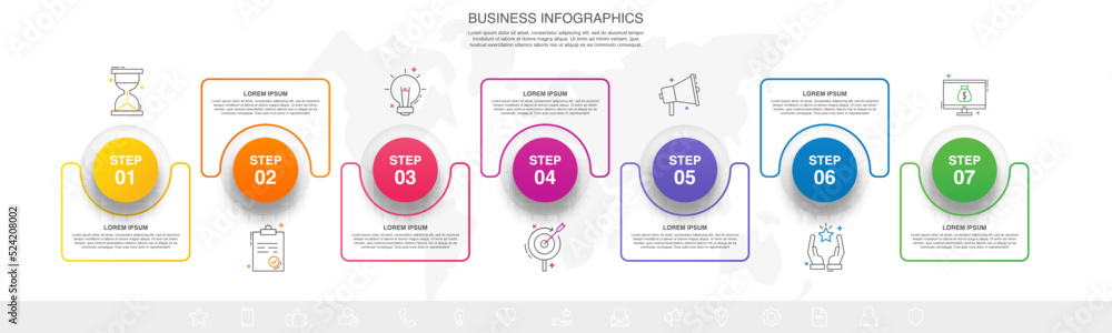 Vector business process. Modern timeline infographics with seven options, circles, steps, icons. Line vector template.