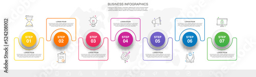 Vector business process. Modern timeline infographics with seven options, circles, steps, icons. Line vector template.
