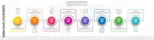 Vector business process. Modern timeline infographics with eight options, circles, steps, icons. Line vector template.