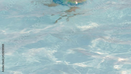 Wallpaper Mural defocused 4k real time kids are having fun in pool water.father kid sitting on pool edge playing with legs splashing water.inflatable ring police car shape or colorful round allama.swimming have fun  Torontodigital.ca