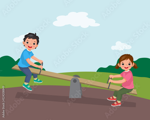 cute little boy and girl kids playing swinging on seesaw in the park