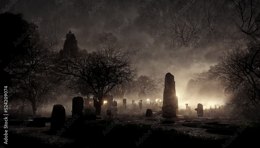 illustration of old cemetery with fog on Halloween night. realistic halloween festival illustration. Halloween night pictures for wall paper. 3D illustration. Use digital paint blurring techniques.