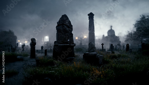 illustration of old cemetery with fog on Halloween night. realistic halloween festival illustration. Halloween night pictures for wall paper. 3D illustration. Use digital paint blurring techniques.