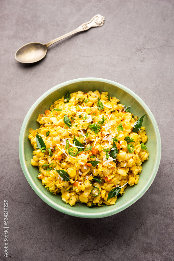 Sweet Corn Upma, makai rava uppittu made using with or without semolina