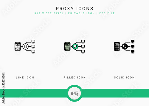 Proxy icons set vector illustration with solid icon line style. Internet server concept. Editable stroke icon on isolated background for web design, user interface, and mobile application