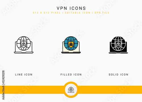 VPN icons set vector illustration with solid icon line style. Secure server concept. Editable stroke icon on isolated background for web design, user interface, and mobile application