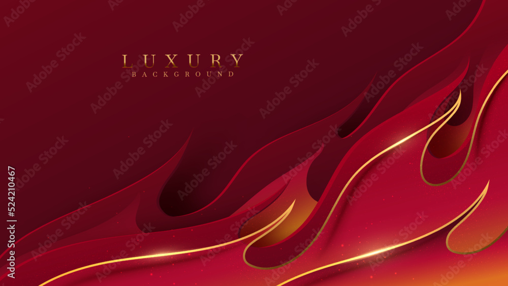 Red luxury background with fire pattern with golden line elements and glitter light effect decoration.