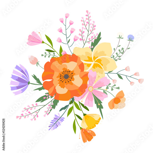 Vector floral bouquet illustration. Set of leaves, wildflowers, twigs, floral arrangements. Beautiful compositions of field grass and bright spring flowers.