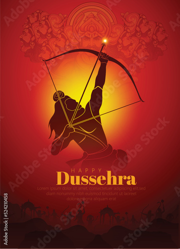 Happy Dussehra Font With arrow and bow ,Lord Rama killing Ravana in Dussehra Navratri festival of India poster Background. photo