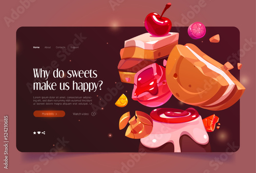 Confectionary landing page template. Cartoon illustration of colorful desserts, cake, cookie, candy and fruits on appetizing chocolate background. Sweet food production business banner, vector design