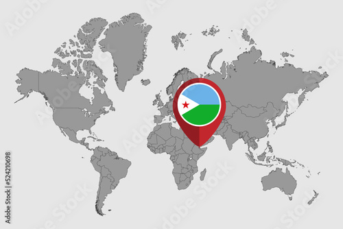 Pin map with Djibouti flag on world map. Vector illustration.