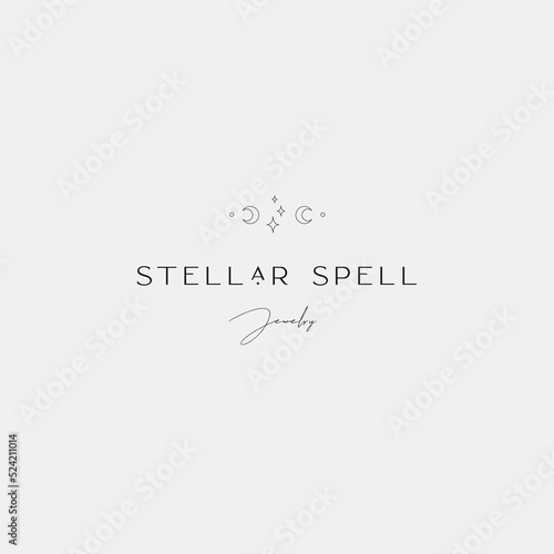 Stellar Spell Logo Concept - Minimalist Boho Inspired Logo, Moon & Stars Symbols - Smart Stroke. Spirituality, Consciousness, Positive Vibes.