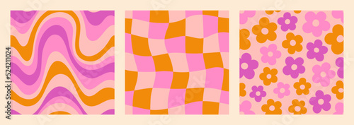 Groovy Seamless Patterns Set with Waves, Checkerboard and Daisy Flowers . Psychedelic Abstract Vector Background