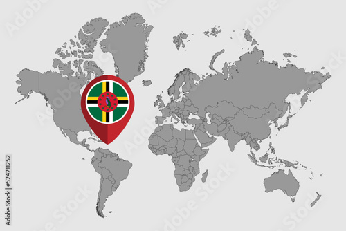 Pin map with Dominica flag on world map. Vector illustration.