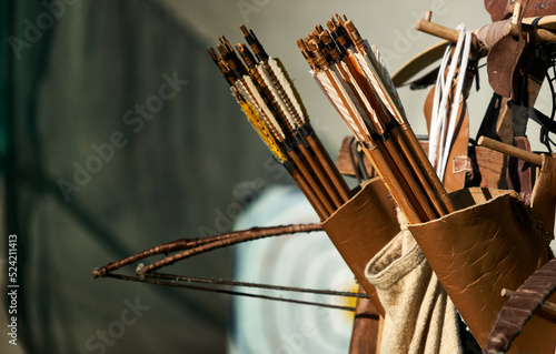Arrows for archery in quivers made of leather with shafts at the end of which are attached guiding springs made of feathers