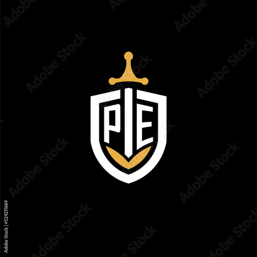 Creative letter PE logo gaming esport with shield and sword design ideas