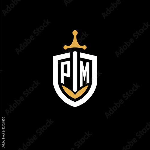 Creative letter PM logo gaming esport with shield and sword design ideas