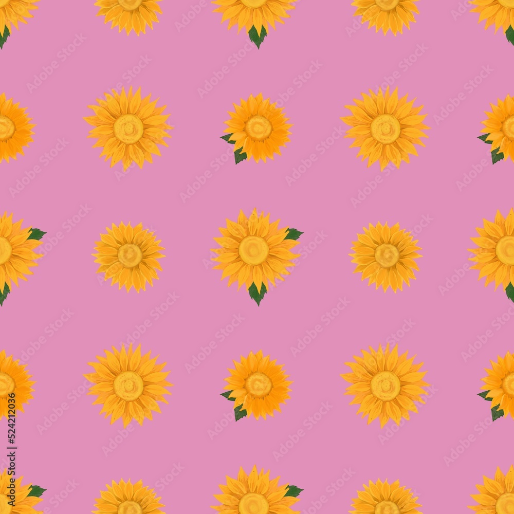 Illustration seamless patterns drawing of yellow petal sunflower blooming, geometry plaid repeat pattern arranged on pink background for fashion fabric textiles, wallpaper, paper wrapping Illustration seamless patterns drawing of yellow petal sunflower blooming, geometry plaid repeat pattern arranged on pink background for fashion fabric textiles, wallpaper, paper wrapping