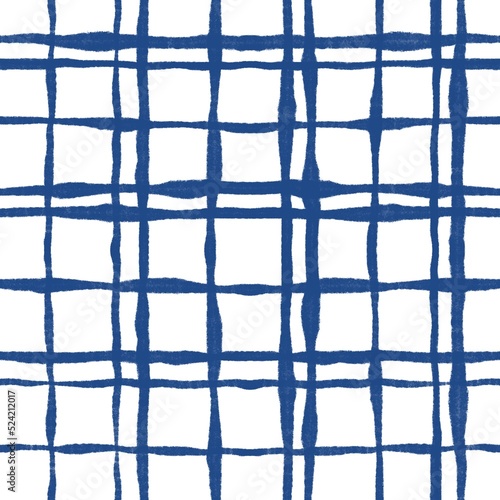 Illustration seamless patterns drawing of blue square plaid repeat pattern with rough blush, on white background for madras cotton fashion fabric textile, wallpaper paper wrapping