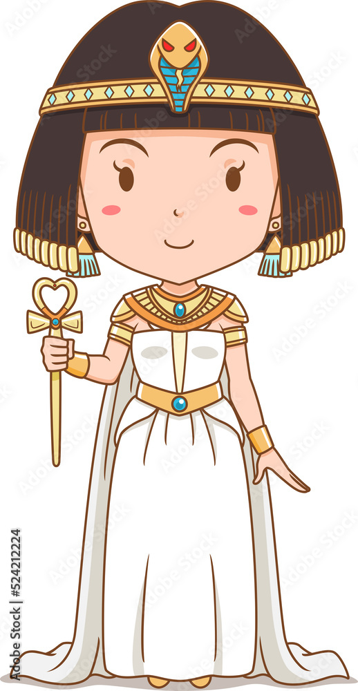 Cartoon character of Queen Cleopatra. Egyptian girl in ancient clothes.	