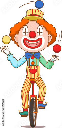 Cartoon character of clown juggling with colorful balls and riding one wheel bike. 