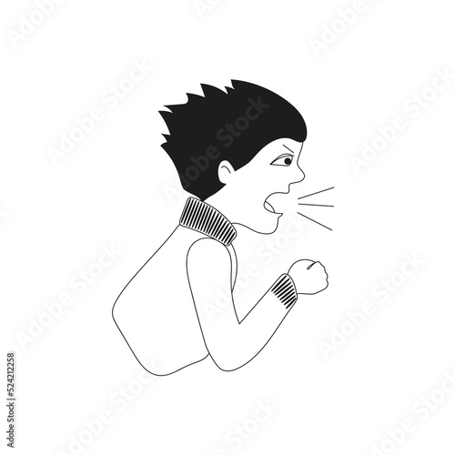 The angry boy screams and swears. Image without color. Vector.