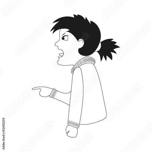 The angry girl screams and swears. Image without color. Vector.