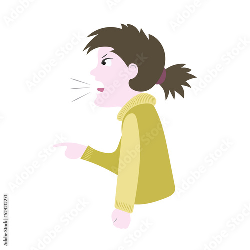 The angry girl screams and swears. Image with color. Vector.