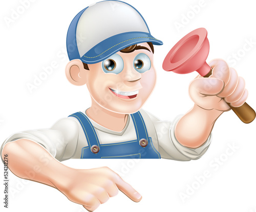 Plumber pointing at sign