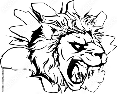 Lion mascot breaking throug...