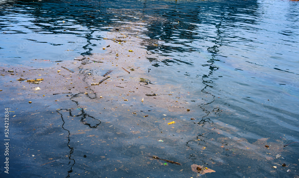 Fototapeta premium Oil spill on sea surface. Pollution in the water.