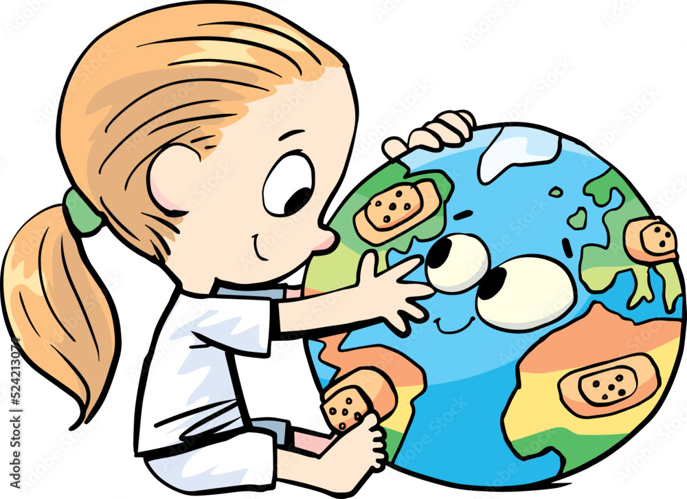 little girl cares for the injured planet earth little girl cares for the injured planet earth