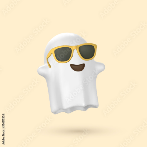 Cute cartoon 3d Halloween ghost with yellow sunglasses. Halloween concept. Vector illustration