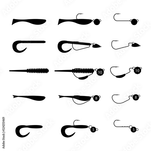 Fishing rigs of silicone lures, flat vector illustration.