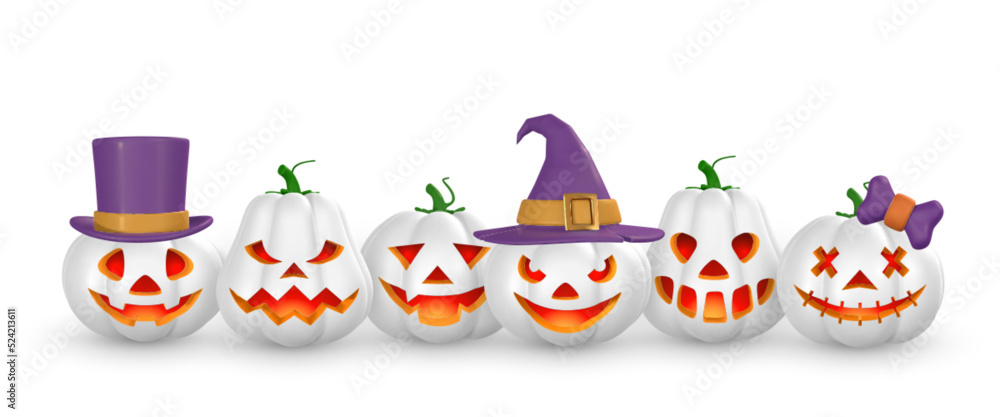 Cute cartoon 3d Halloween pumpkin with scary face and ghost with hat. Halloween concept. Vector illustration Cute cartoon 3d Halloween pumpkin with scary face and ghost with hat. Halloween concept. Vector illustration