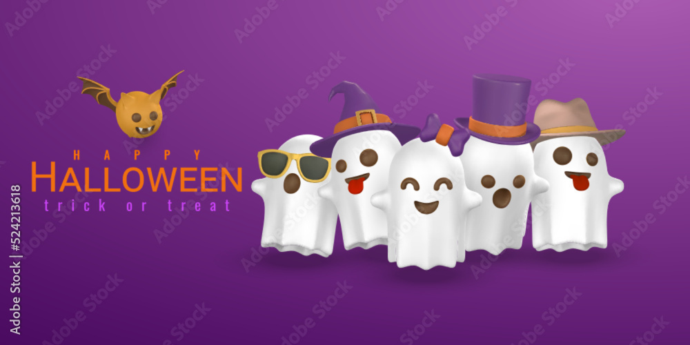 Cute cartoon 3d Halloween ghost with top, witch hats and bow. Halloween concept. Vector illustration Cute cartoon 3d Halloween ghost with top, witch hats and bow. Halloween concept. Vector illustration