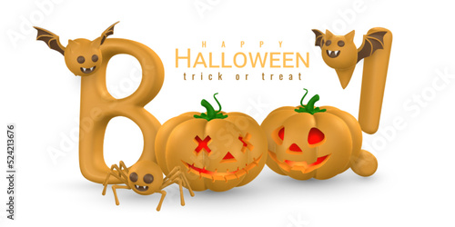 Happy Halloween creative banner. Cute cartoon 3d Halloween elements. Vector illustration